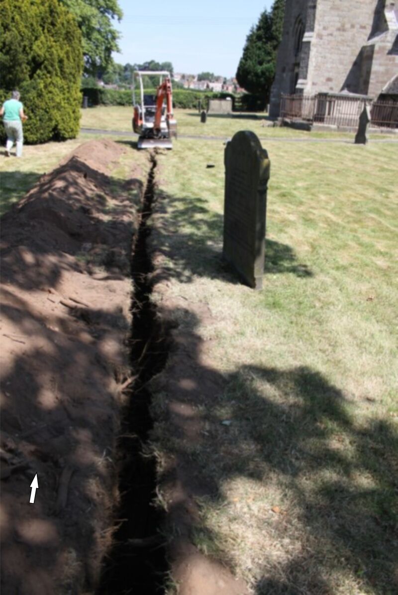 Plate 59. Plates 59 and 60. Line of water supply trench, Trench 1, from south-west corner of cemetery, open and backfilled.