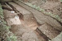 Plate 23. Trench 3. The 2nd C. ditch F141, cut by the 4th C. drain F142, a branch drain, coming in from the left, which almost certainly connects to F63 in S4.