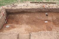 Plate 21. T16. The ditch F141 & F148 left and right of the trench with the entrance F482 centre. F480, a posthole in the entrance, contained only clean fill.