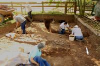 Plate 40. Group excavating in churchyard, T18. The 3rd century enclosure wall can be seen running from above centre left to lower right, top right the 4th century drain continues from section 4 then exits to the left, (west). The Iron Age gully F263, not yet excavated, comes in from section 4 at top left of trench.