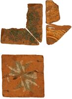 Plate 65. Medieval Floor Tiles. Clockwise from top left: Composite mirror image of part tile, to enhance pattern; Clear glaze on yellow/orange slip, same design; composite mirror image of one half tile to enhance pattern. white and grey slip, no surviving glaze.