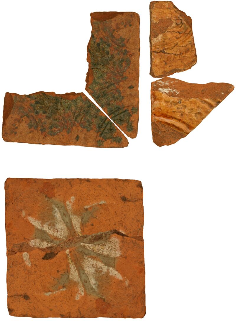 Plate 65. Medieval Floor Tiles. Clockwise from top left: Composite mirror image of part tile, to enhance pattern; Clear glaze on yellow/orange slip, same design; composite mirror image of one half tile to enhance pattern. white and grey slip, no surviving glaze.